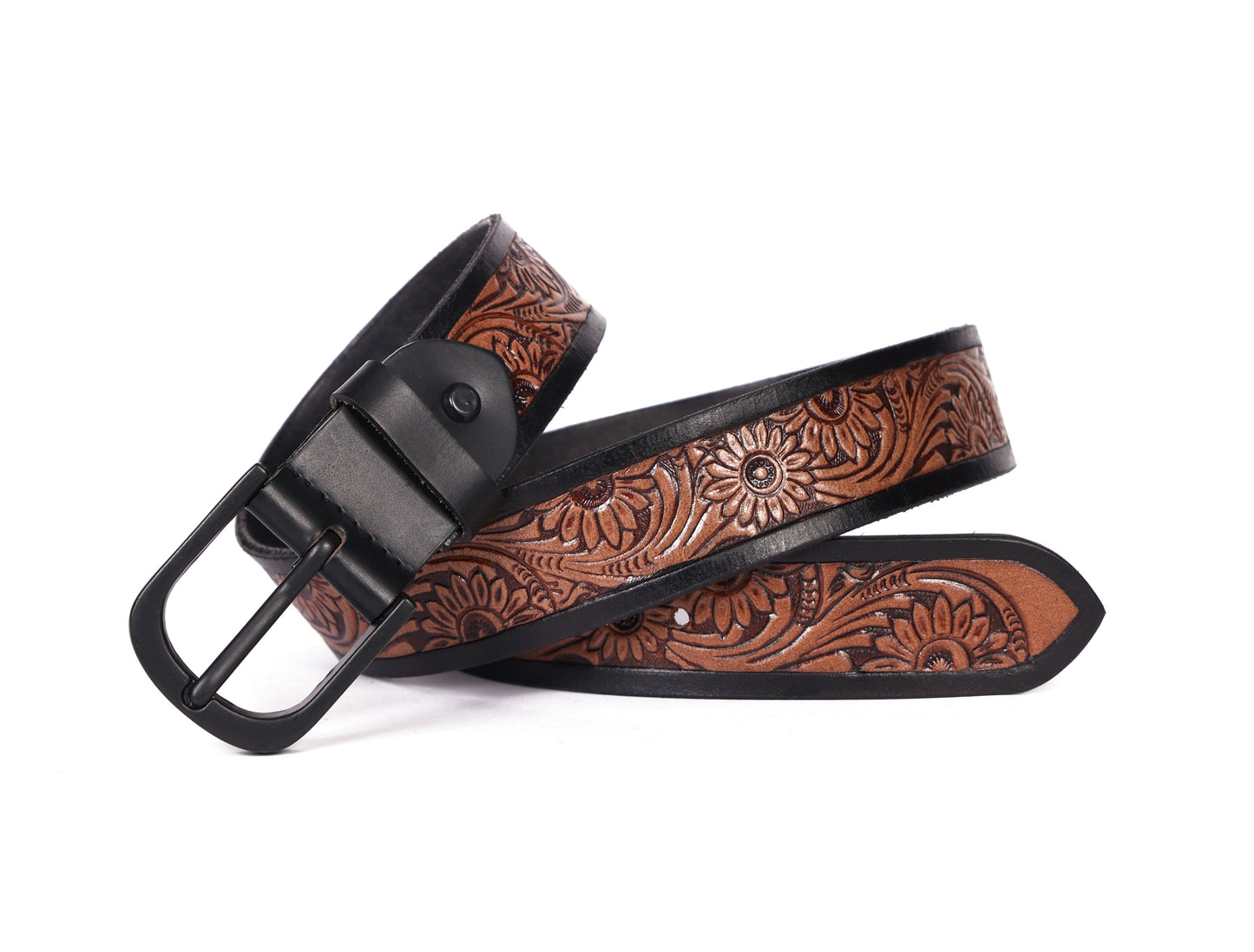 Exquisite Hand-Carved Leather Belt with Black Buckle, Crafted in India - CELTICINDIA