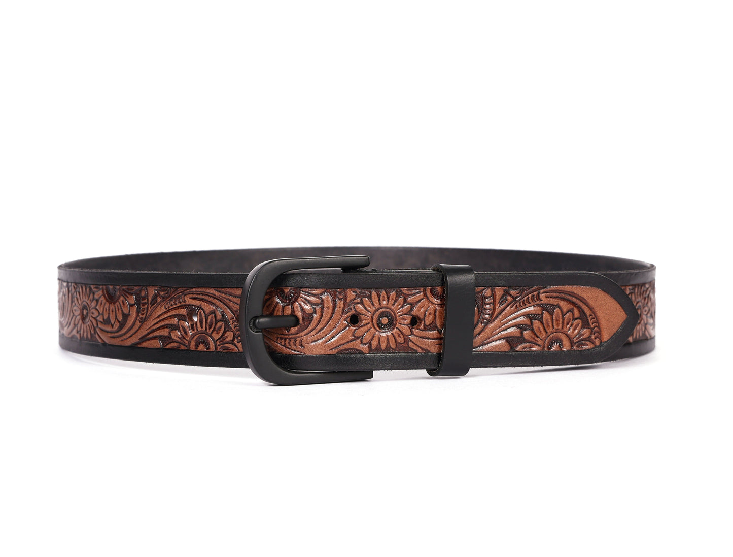 Exquisite Hand-Carved Leather Belt with Black Buckle, Crafted in India - CELTICINDIA