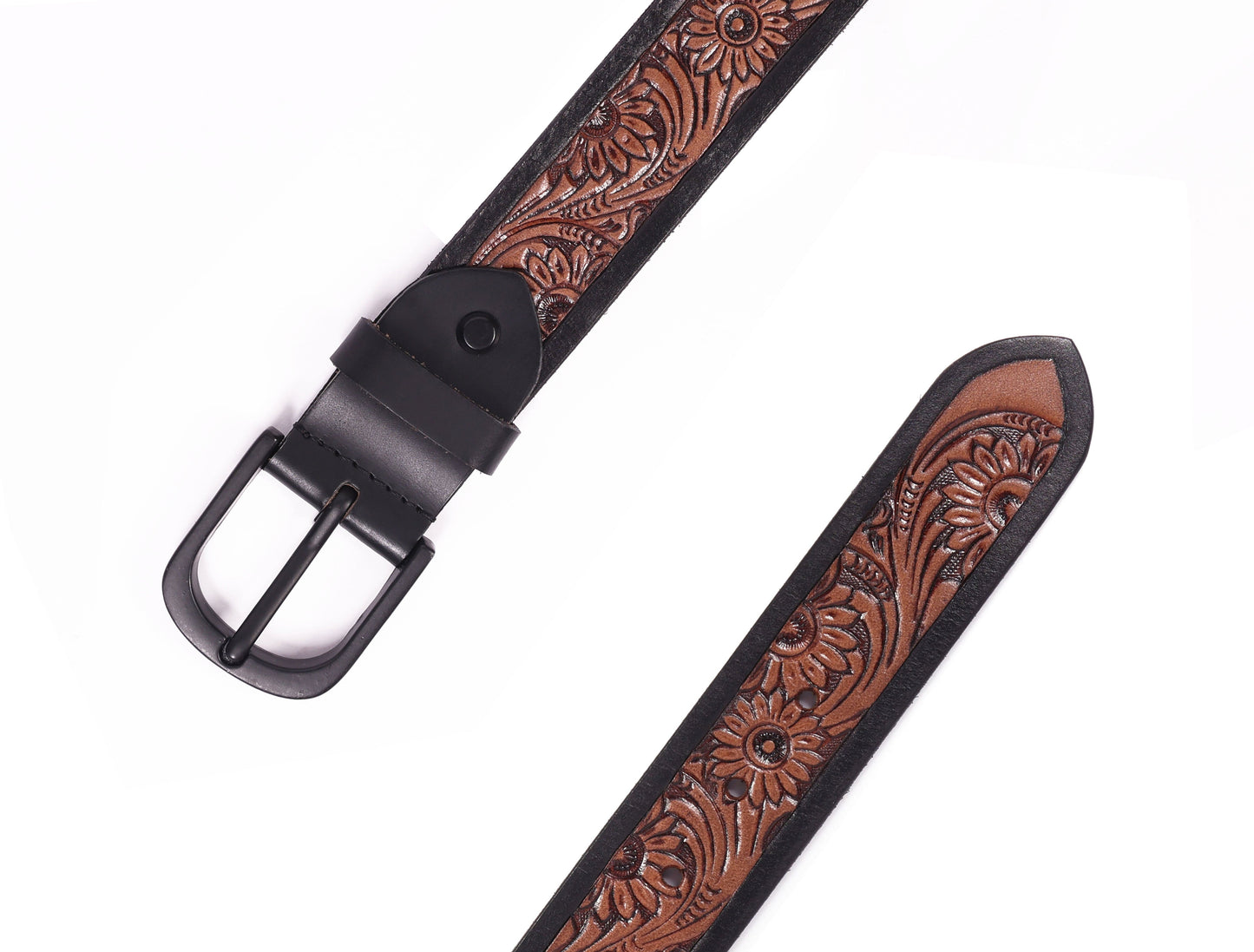 Exquisite Hand-Carved Leather Belt with Black Buckle, Crafted in India - CELTICINDIA