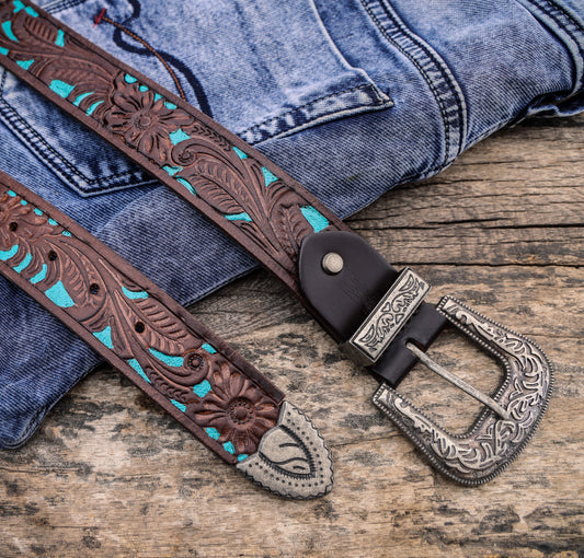 Brown and Blue Hand-Tooled Leather Belt with a Designer Buckle. - CELTICINDIA