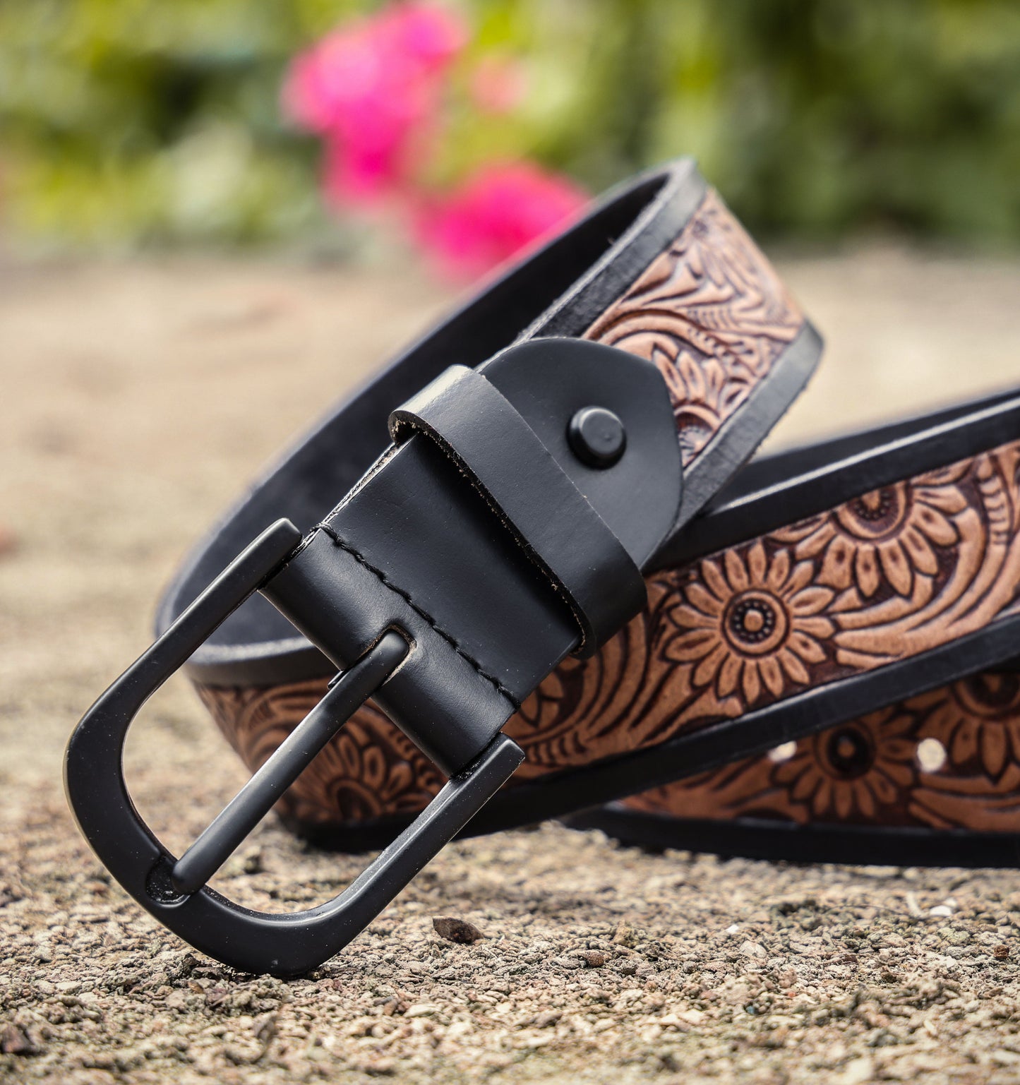 Exquisite Hand-Carved Leather Belt with Black Buckle, Crafted in India - CELTICINDIA