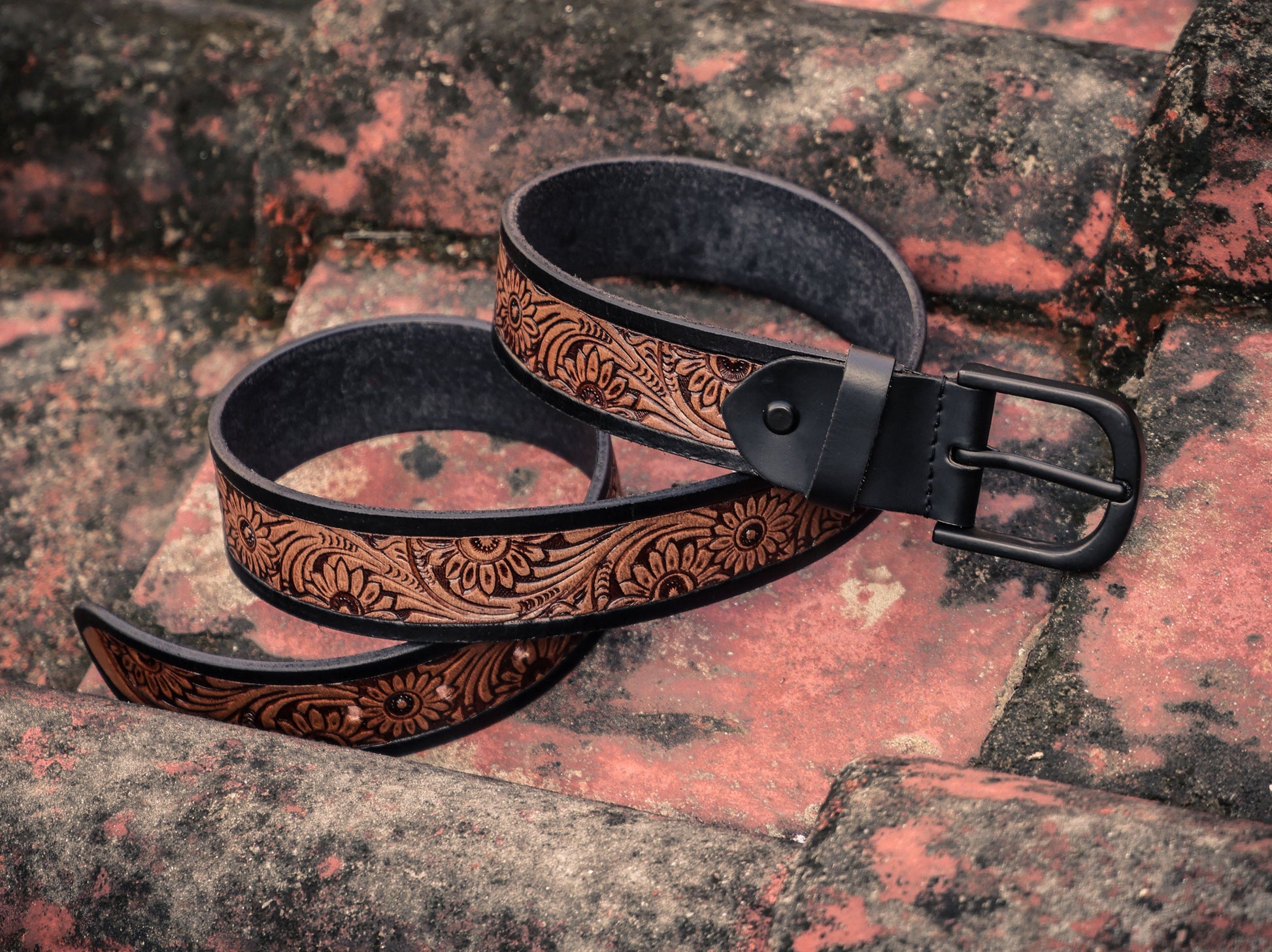 Exquisite Hand-Carved Leather Belt with Black Buckle, Crafted in India - CELTICINDIA