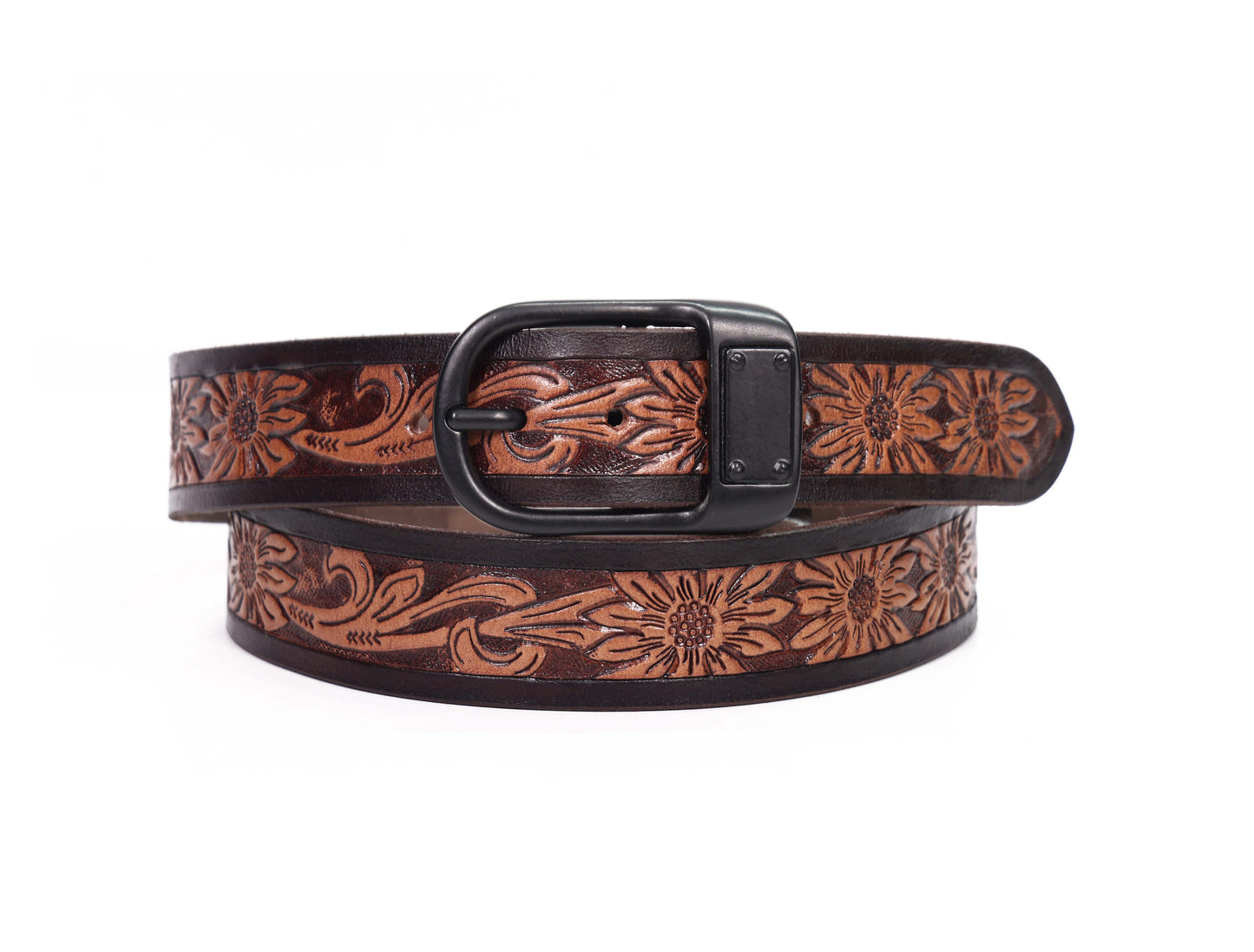 Hand-Carved Leather Belt with Mat Black Buckle - CELTICINDIA