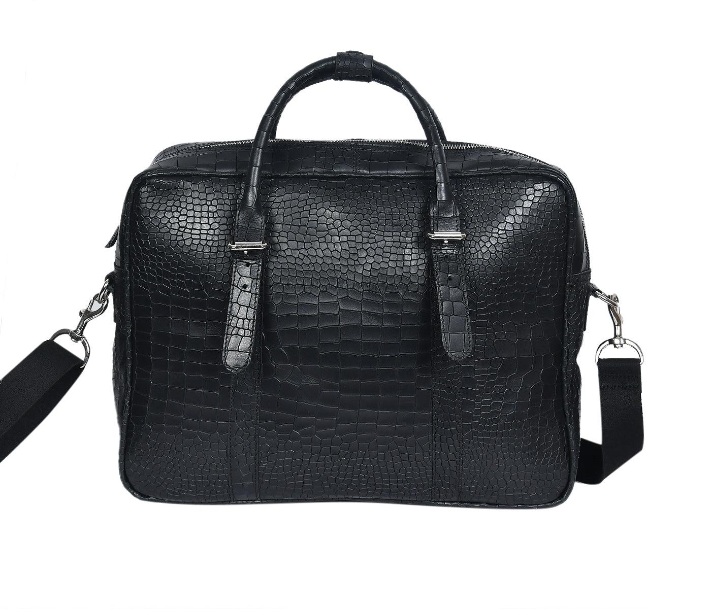 Celtic black color croco texture pure leather laptop bag for office use with holdall and shoulder strap - CELTICINDIA