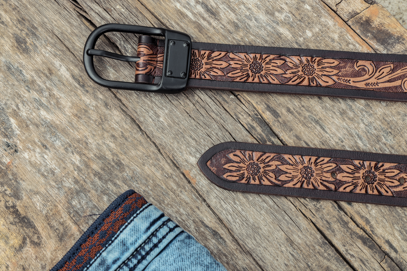 Hand-Carved Leather Belt with Mat Black Buckle - CELTICINDIA