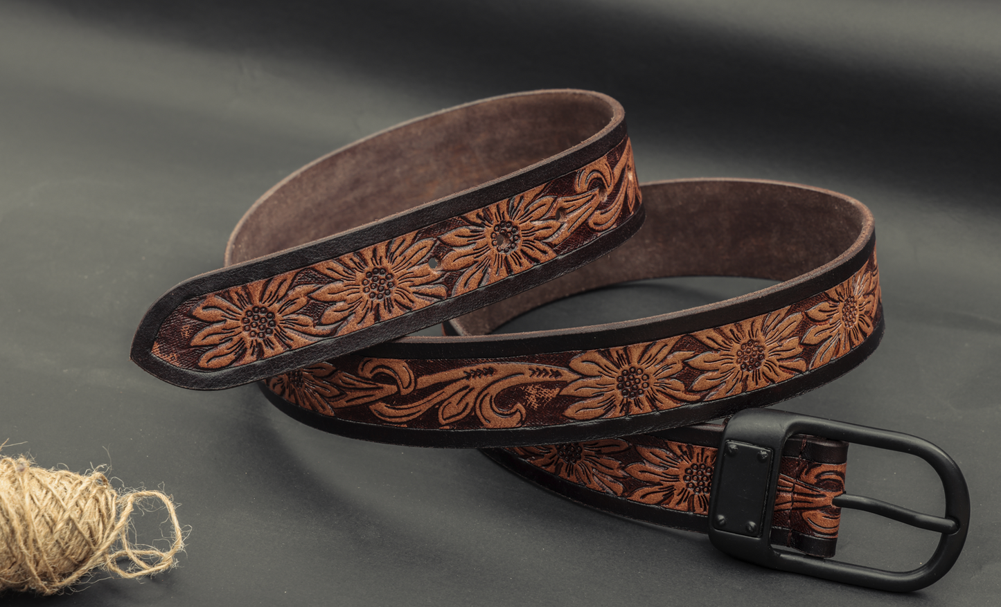 Hand-Carved Leather Belt with Mat Black Buckle - CELTICINDIA