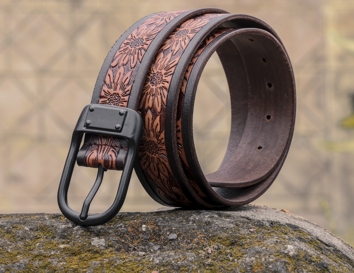 Hand-Carved Leather Belt with Mat Black Buckle - CELTICINDIA