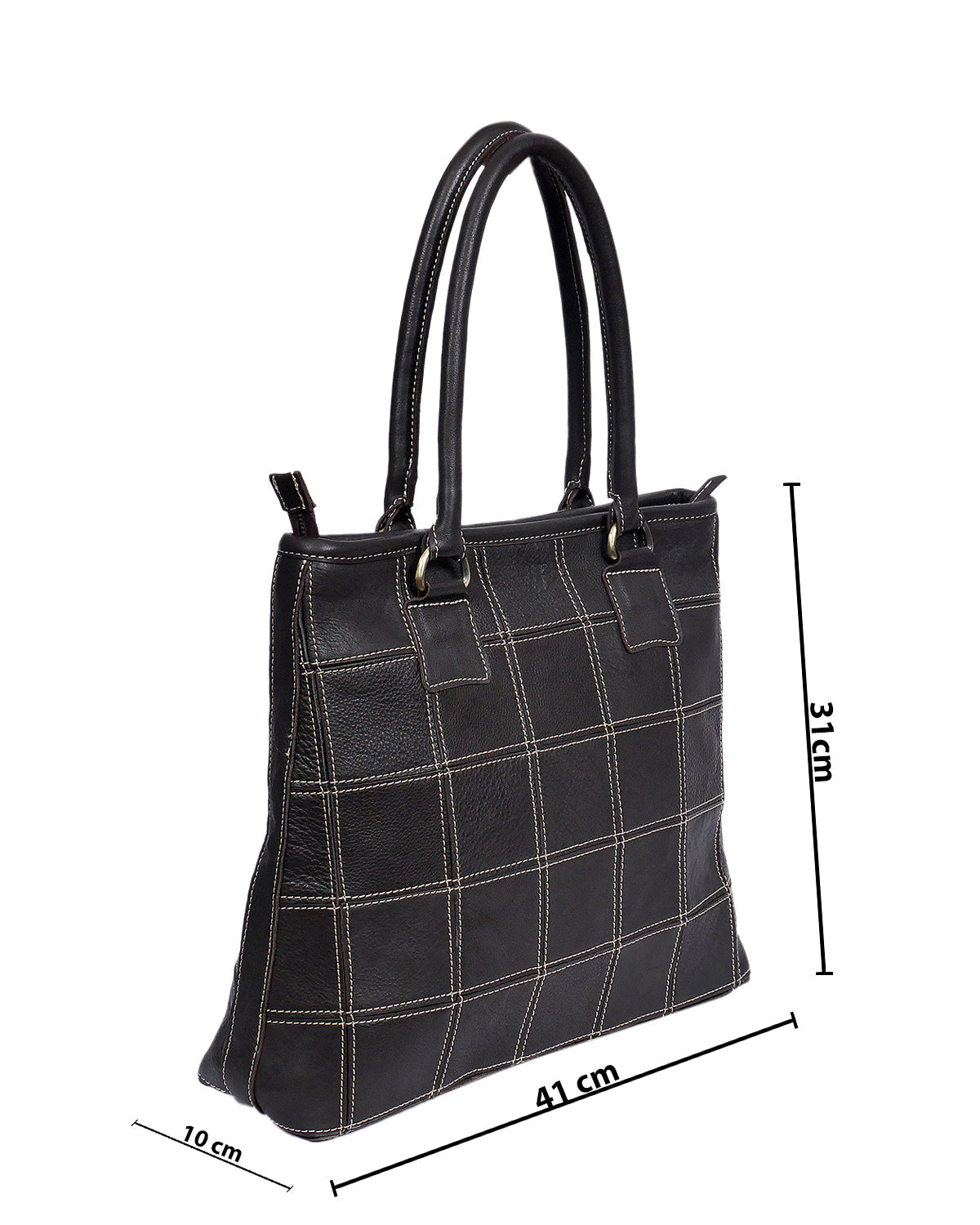 Elevate Your Style with our Black Leather Tote Bag - Classic Elegance with White Stitching. - CELTICINDIA